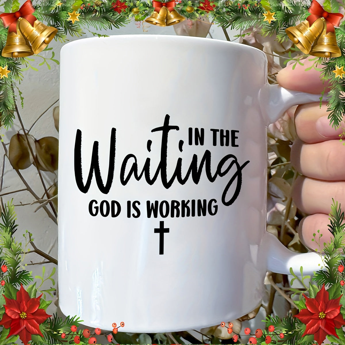 Tailorly White Ceramic 11 oz Mug - In The Waiting God Is Working Elegant Black Script Text Featuring A Simple Minimalist Christian Cross Mug