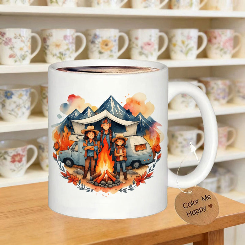 Tailorly White Ceramic 11 oz Mug - Cozy Campfire Glowing Under The Blue Mountains With Retro Caravan And Happy Campers