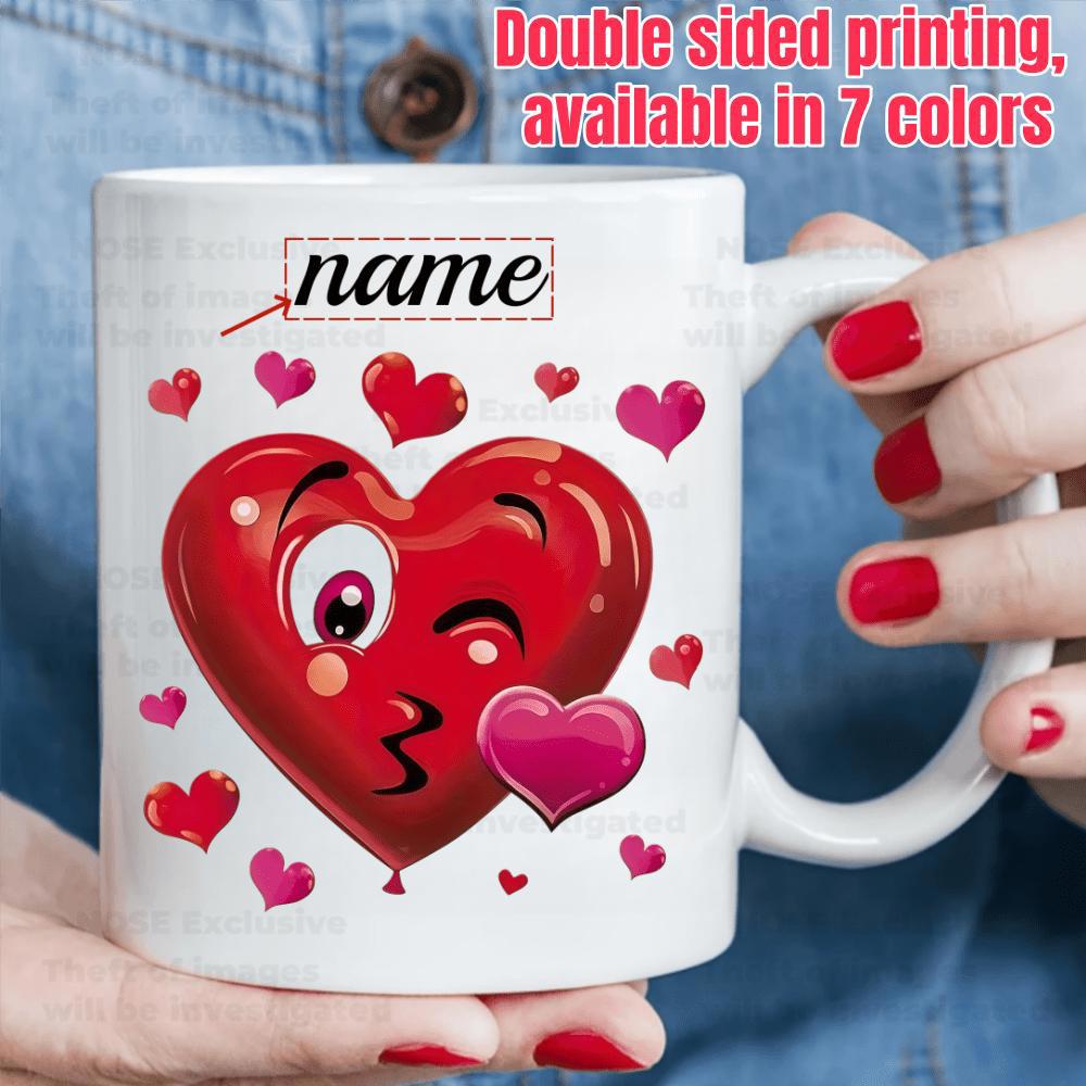 Tailorly White Ceramic 11 oz Mug - Name Vibrant Red Cartoon Style With Smaller Hearts Floating Around Kissing Heart