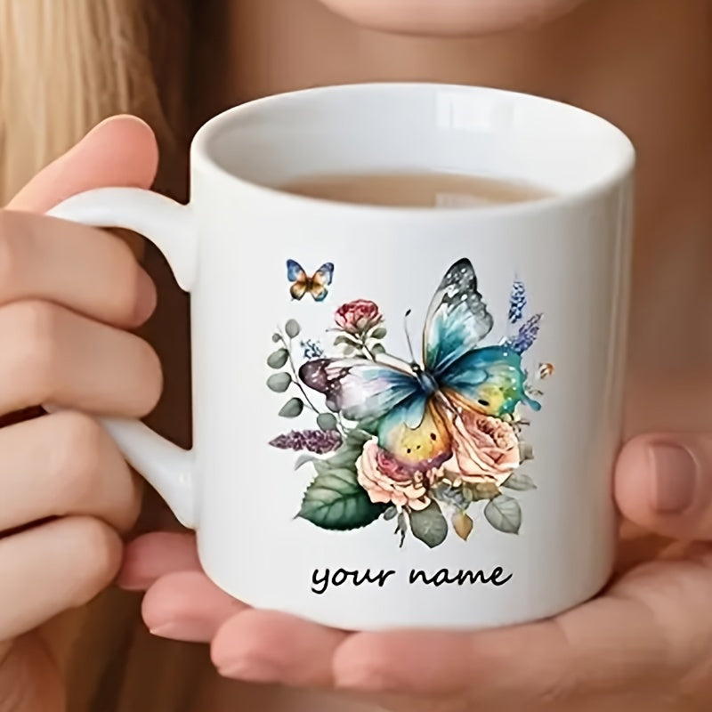 Tailorly White Ceramic 11 oz Mug - Your Name Colorful Watercolor Butterfly Resting Among Blooming Roses And Garden Foliage Butterfly