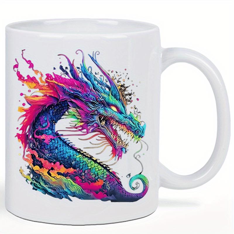 Tailorly White Ceramic 11 oz Mug - Vibrant Colorful Watercolor Splatter Design Featuring A Mythical Eastern Dragon