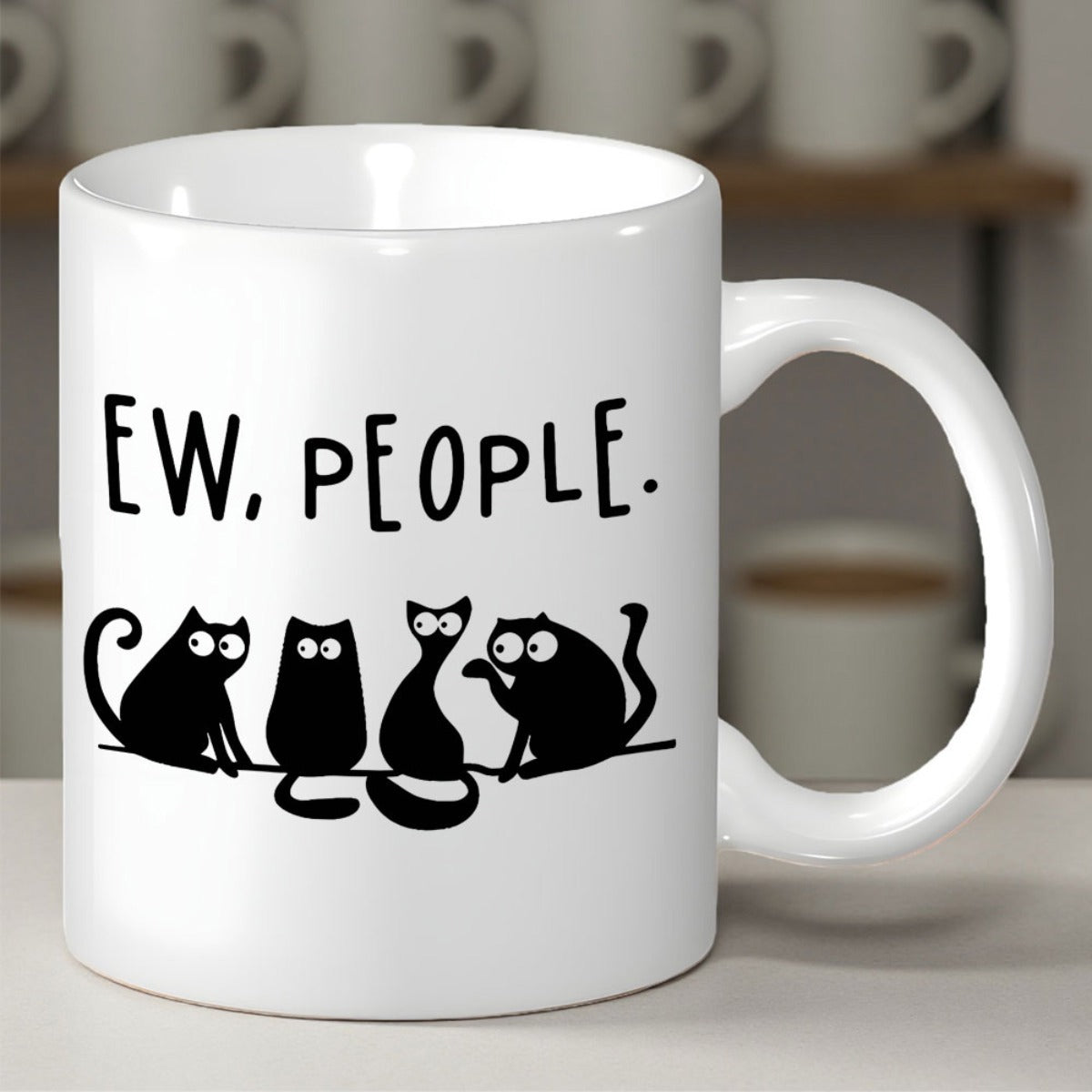 Tailorly White Ceramic 11 oz Mug - Ew People Four Humorous Black Felines Sitting On A Thin Wire Line Cats
