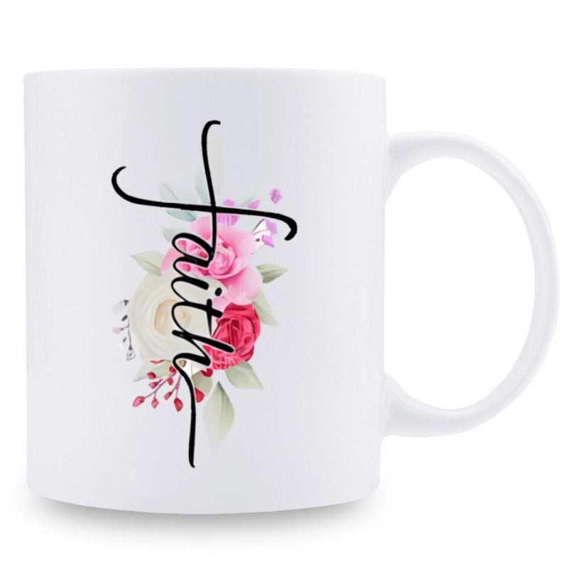 Tailorly White Ceramic 11 oz Mug - Faith Elegant Black Script Lettering With Beautiful Pink Rose Floral Accents Faith
