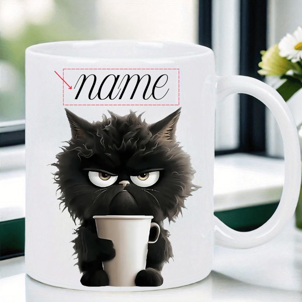 Tailorly White Ceramic 11 oz Mug - Name Grumpy Fluffy Black Feline Holding Small Cup With Stern Expression Cat