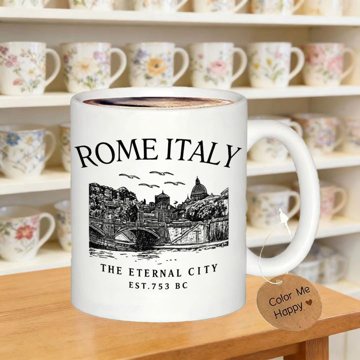 Tailorly White Ceramic 11 oz Mug - Rome Italy The Eternal City Est 753 Bc Vintage Hand Drawn Sketch Of Ancient Italian Architecture Cityscape