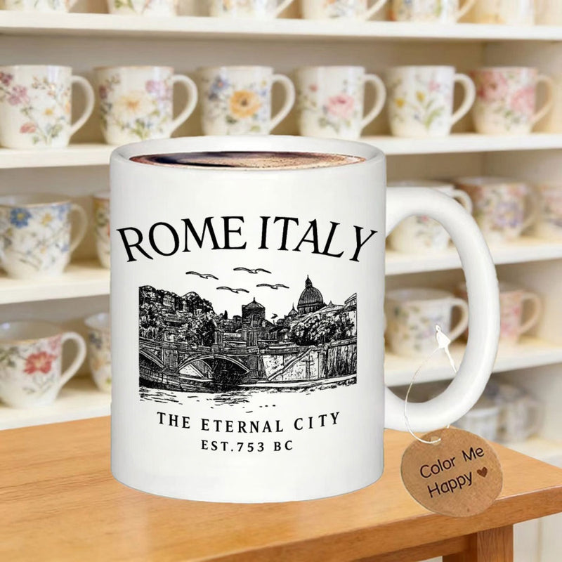 Tailorly White Ceramic 11 oz Mug - Rome Italy The Eternal City Est 753 Bc Vintage Hand Drawn Sketch Of Ancient Italian Architecture Cityscape