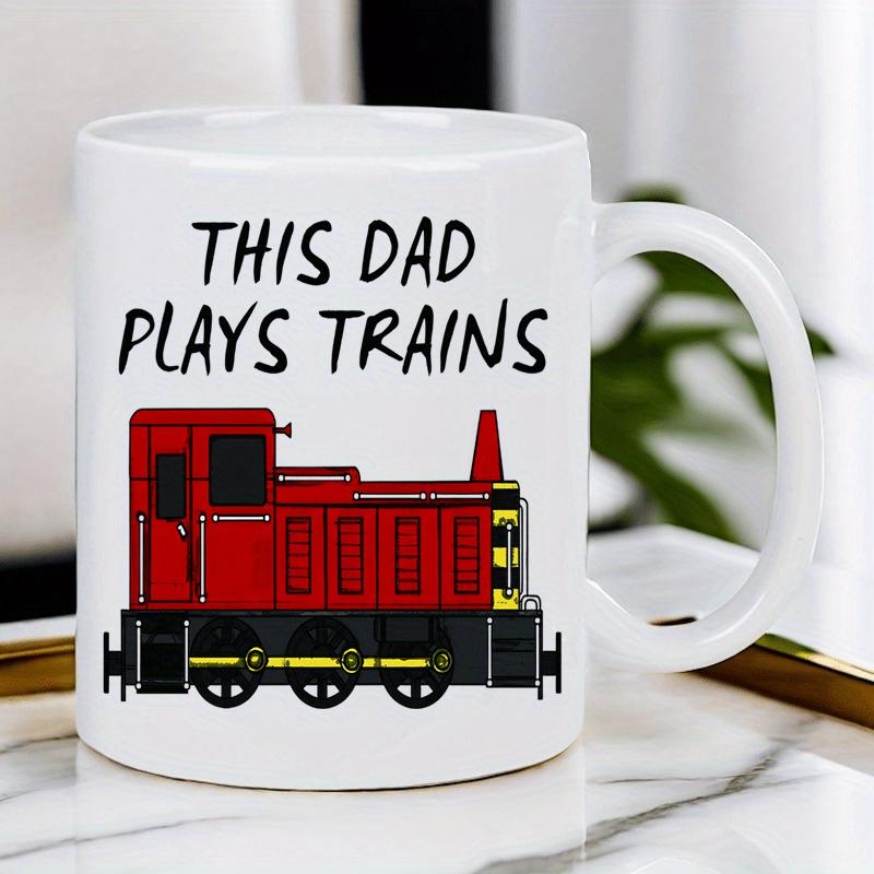 Tailorly White Ceramic 11 oz Mug - This Dad Plays Trains Vintage Style Red Locomotive Engine Moving Along Gleaming Iron Tracks Industrial Train