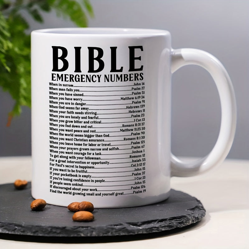 Tailorly White Ceramic 11 oz Mug - Bible Emergency Numbers Simple Black Typography Arranged In A Vertical List Format Mug