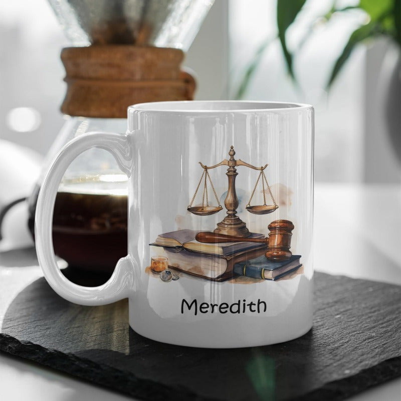 Tailorly White Ceramic 11 oz Mug - Meredith Traditional Legal Symbols With Old Stacked Books And Wooden Gavel Scales