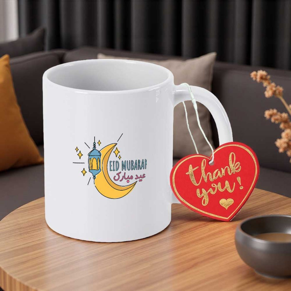 Tailorly White Ceramic 11 oz Mug - Eid Mubarak Golden Crescent Moon With Traditional Lantern Glowing Under Radiant Twinkling Stars Crescent