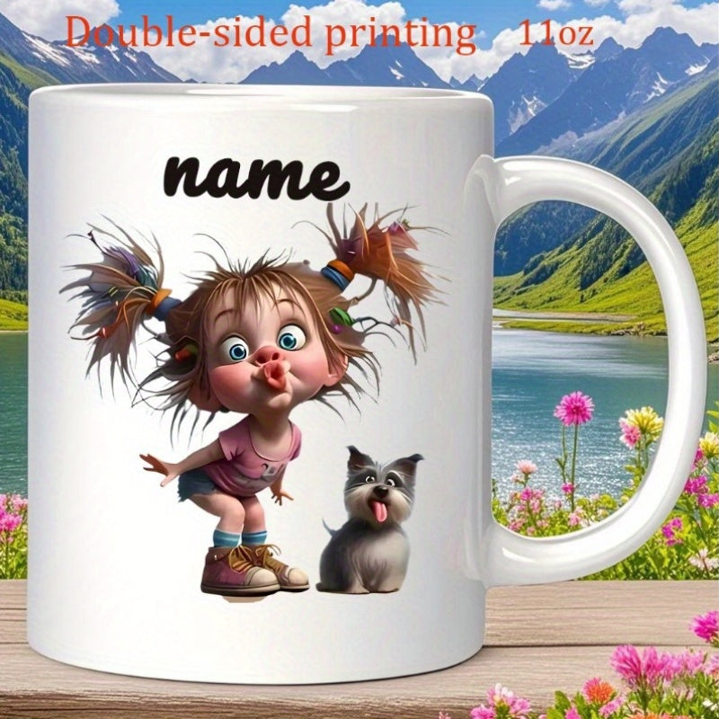 Tailorly White Ceramic 11 oz Mug - Name Whimsical Cartoon Character With Messy Pigtails And Cute Sitting Dog Girl