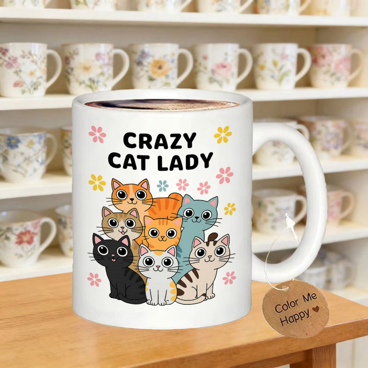 Tailorly White Ceramic 11 oz Mug - Crazy Cat Lady Adorably Sitting Diverse Group Of Friendly Felines Among Small Blossoms Cat