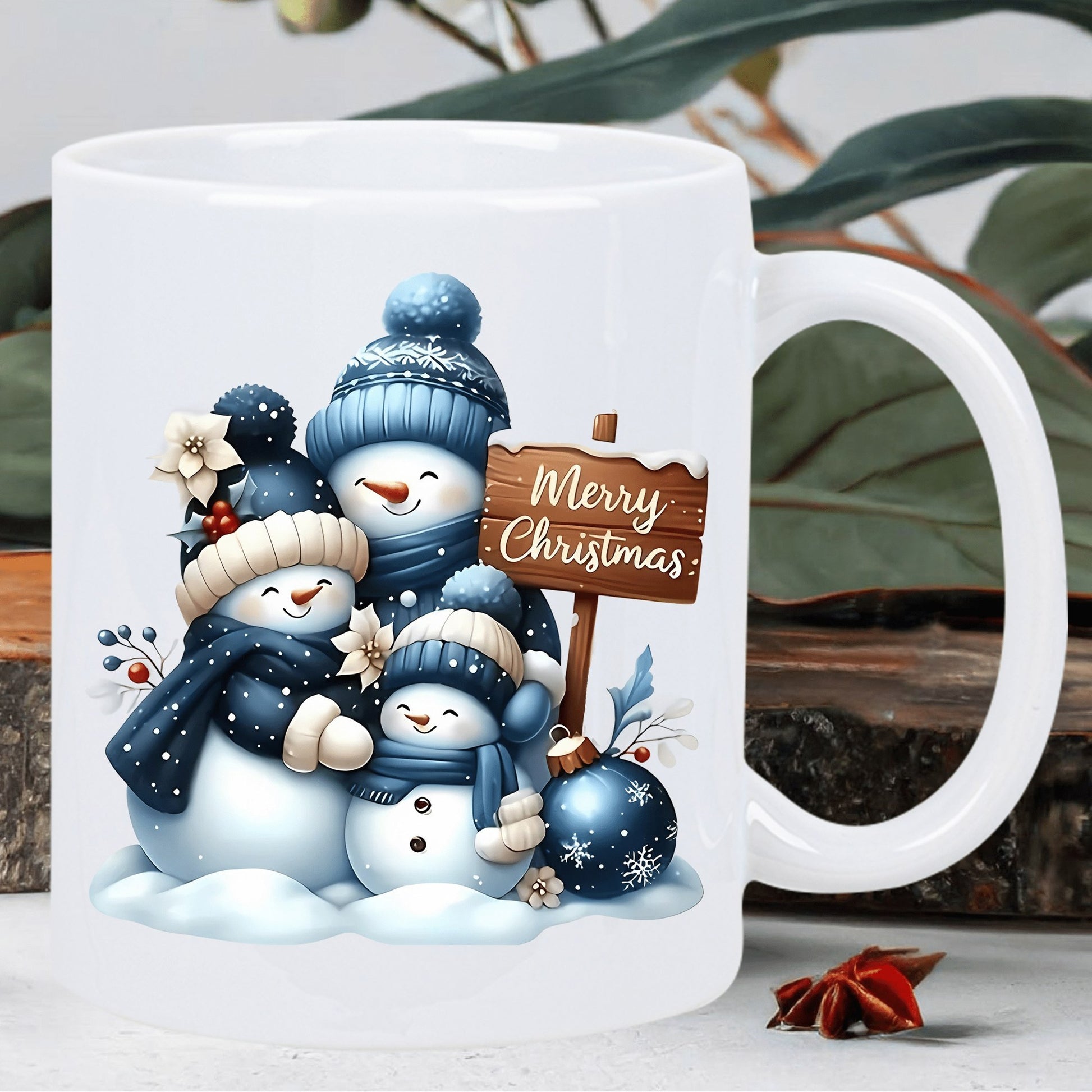 Tailorly White Ceramic 11 oz Mug - Merry Christmas Cheerful Winter Family Wearing Blue Knitted Hats And Scarves Near Wooden Sign Snowmen