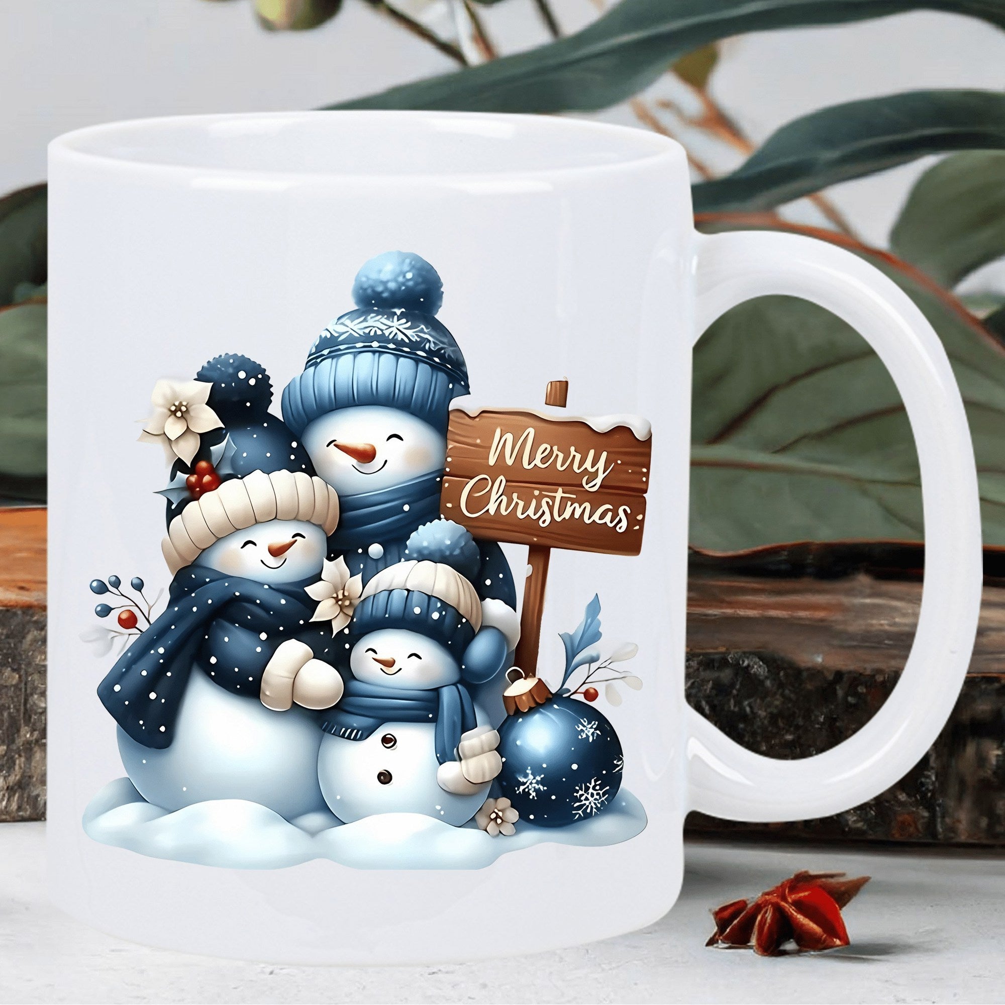 Tailorly White Ceramic 11 oz Mug - Merry Christmas Cheerful Winter Family Wearing Blue Knitted Hats And Scarves Near Wooden Sign Snowmen