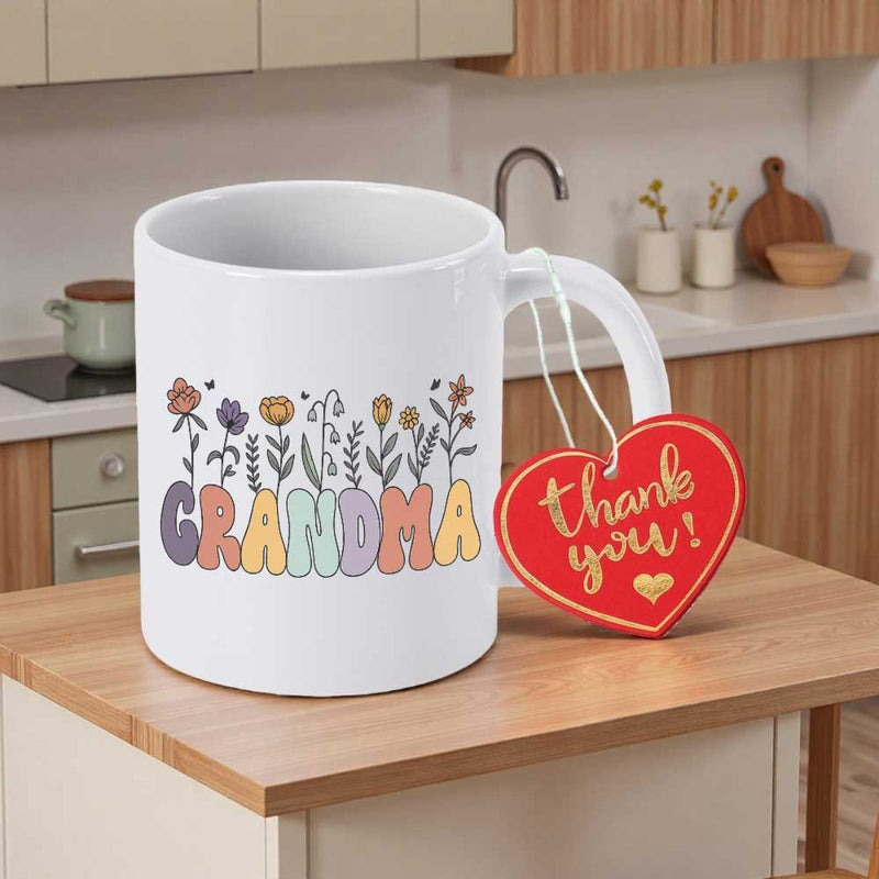 Tailorly White Ceramic 11 oz Mug - Grandma Colorful Wildflowers Blooming Above Retro Stylized Bubble Letters Mug