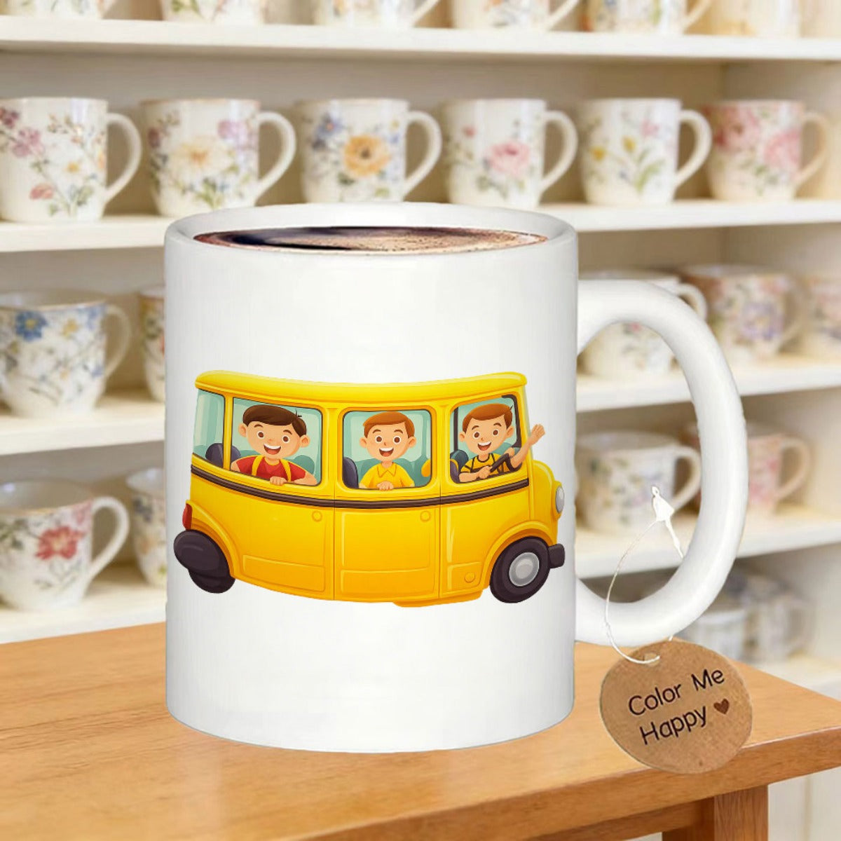 Tailorly White Ceramic 11 oz Mug - Color Me Happy Bright Yellow School Bus With Cheerful Cartoon Children Waving Bus