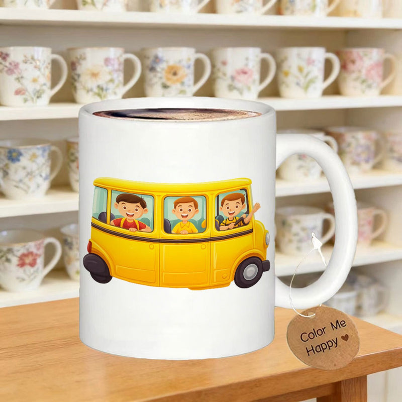 Tailorly White Ceramic 11 oz Mug - Color Me Happy Bright Yellow School Bus With Cheerful Cartoon Children Waving Bus