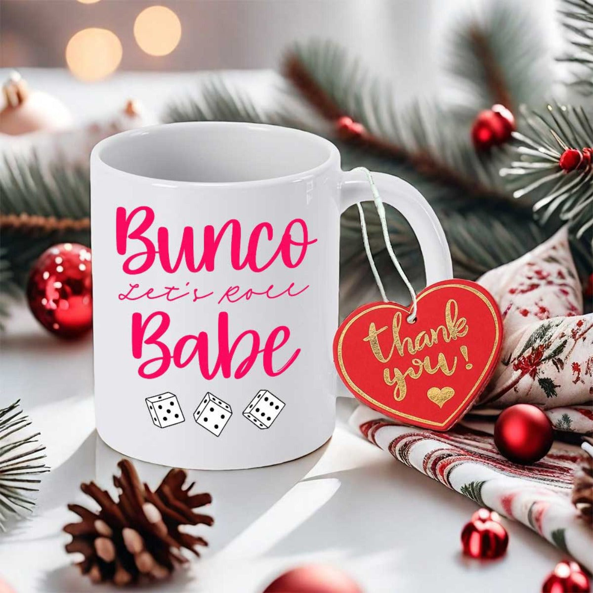 Tailorly White Ceramic 11 oz Mug - Bunco Let's Roll Babe Simple White Rectangular Cubes With Black Dots In Minimalist Style Dice
