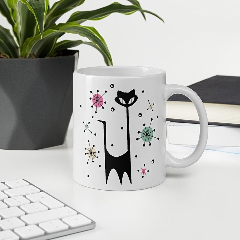 Tailorly White Ceramic 11 oz Mug - Retro Mid Century Modern Style With Colorful Atomic Starbursts Black Cat