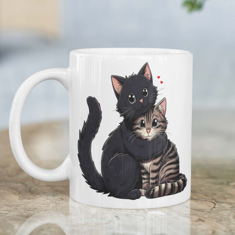 Tailorly White Ceramic 11 oz Mug - Two Adorable Fluffy Kittens Cuddling Together With Tiny Red Hearts Cat
