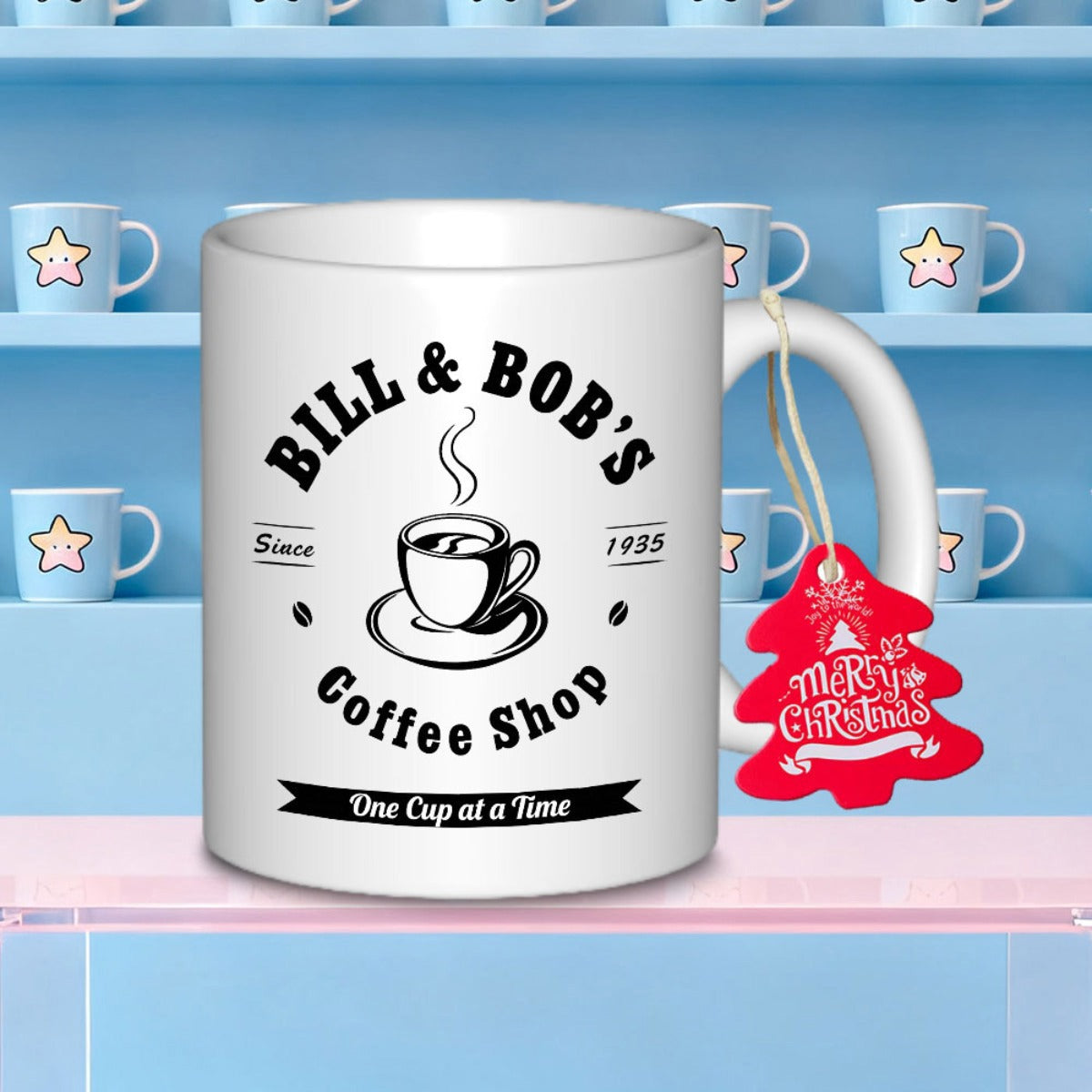 Tailorly White Ceramic 11 oz Mug - Bill Bobs Coffee Shop One Cup At A Time Vintage Retro Style Steaming Ceramic Vessel For Morning Caffeine Beverage Mug