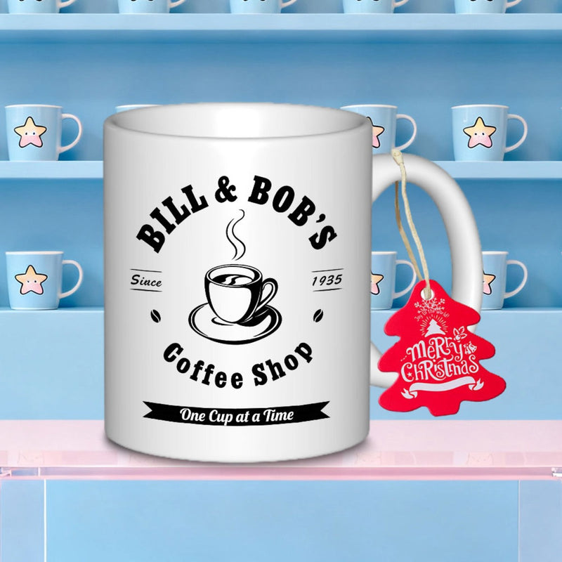 Tailorly White Ceramic 11 oz Mug - Bill Bobs Coffee Shop One Cup At A Time Vintage Retro Style Steaming Ceramic Vessel For Morning Caffeine Beverage Mug