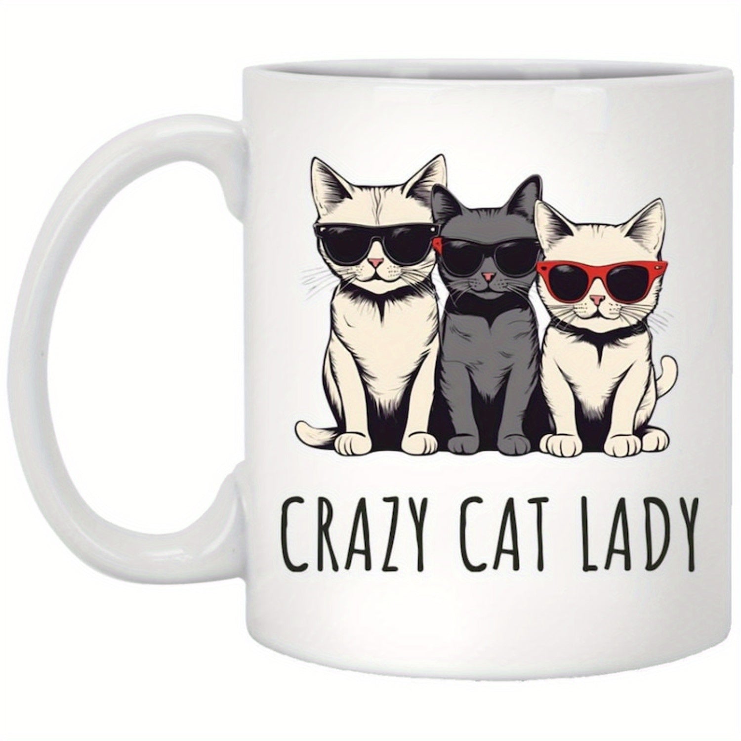 Tailorly White Ceramic 11 oz Mug - Crazy Cat Lady Three Stylish Feline Friends Wearing Colorful Sunglasses Sitting Together Peacefully Cats