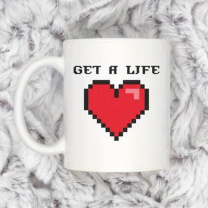 Tailorly White Ceramic 11 oz Mug - Get A Life Retro Gaming Style With Digital Pixelated Aesthetic And Red Pixel Heart