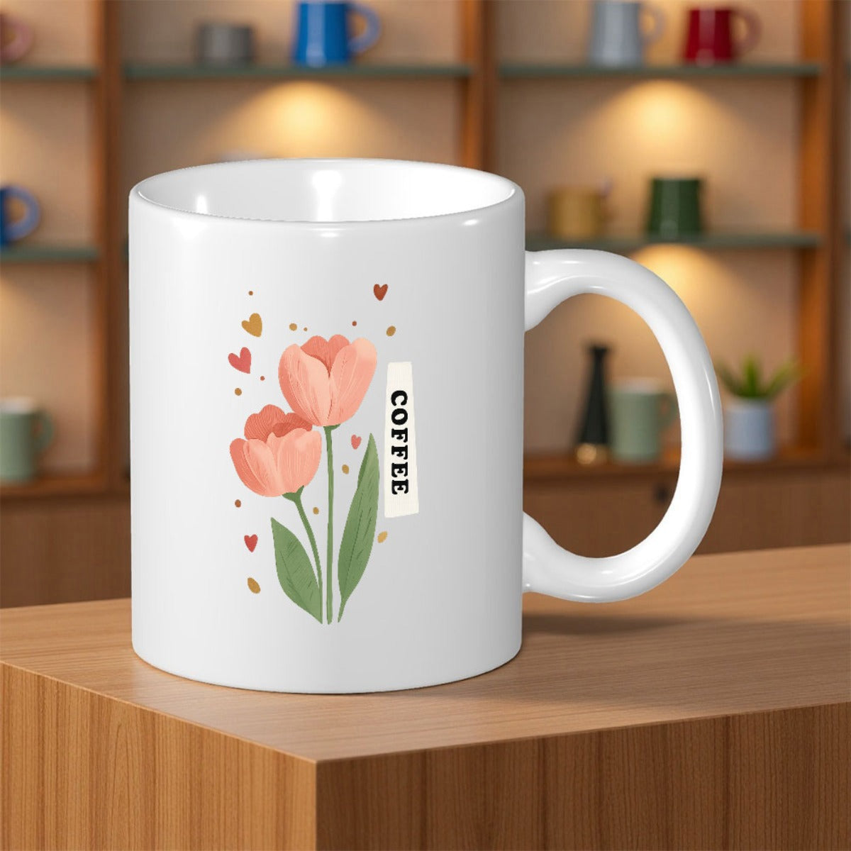 Tailorly White Ceramic 11 oz Mug - Coffee Elegant Pink Tulips With Green Stems And Small Decorative Hearts Tulip