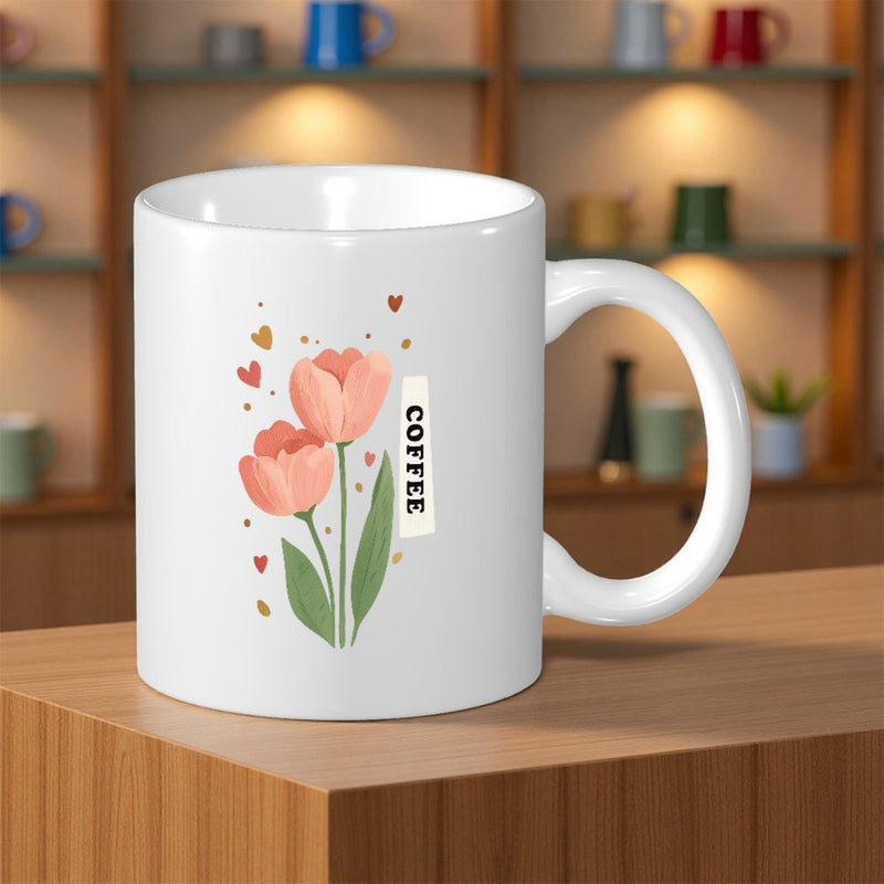 Tailorly White Ceramic 11 oz Mug - Coffee Elegant Pink Tulips With Green Stems And Small Decorative Hearts Tulip