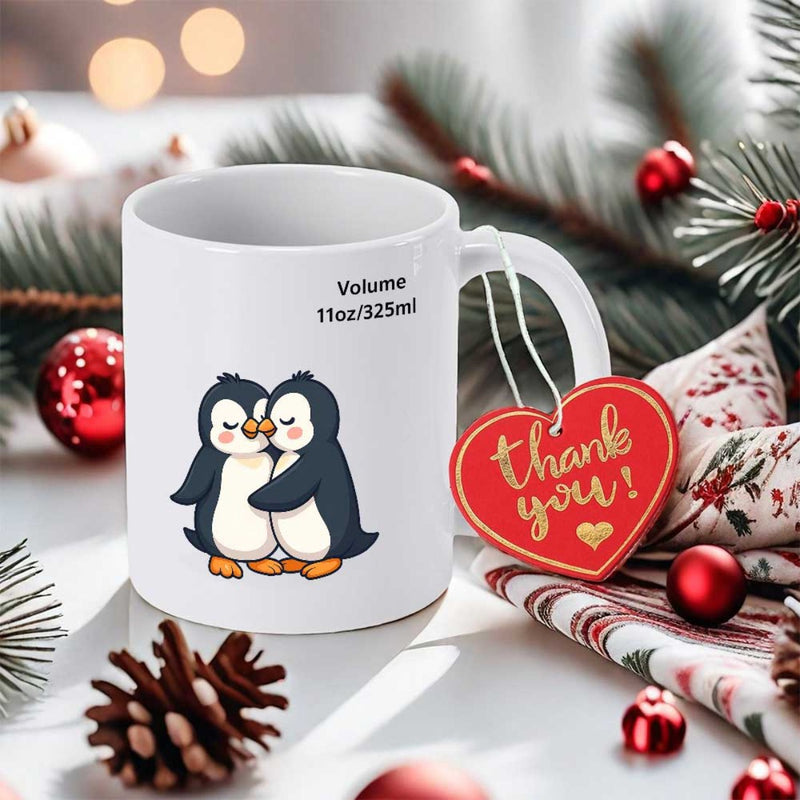 Tailorly White Ceramic 11 oz Mug - Thank You Two Cute Cartoon Penguins Hugging Together With Sweet Closed Eyes Penguin