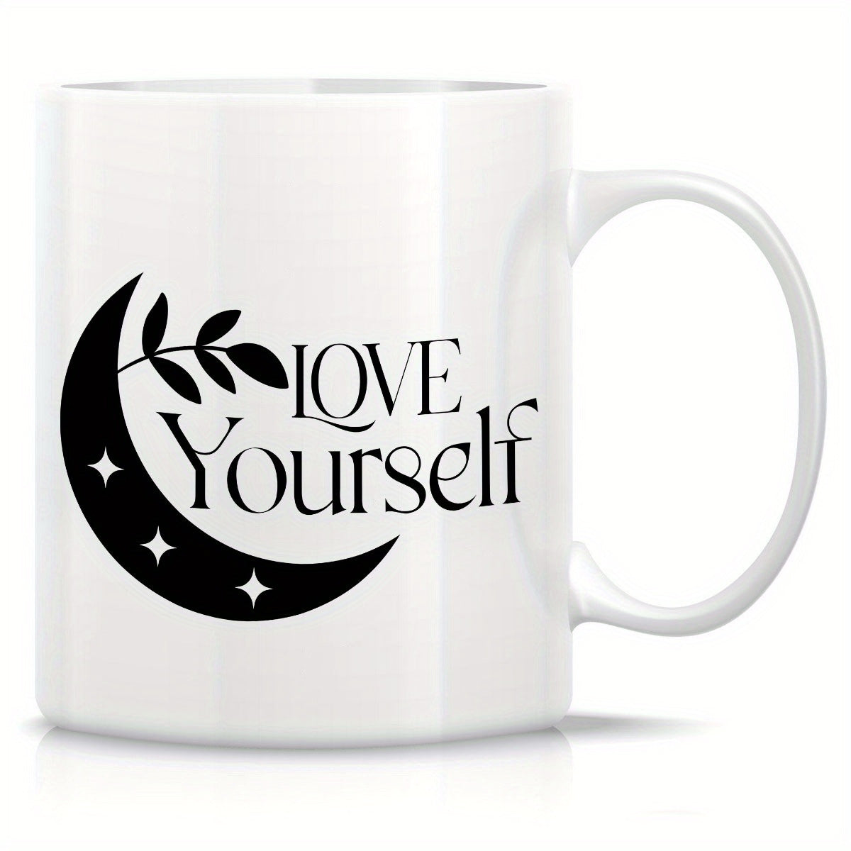 Tailorly White Ceramic 11 oz Mug - Love Yourself Minimalist Black Crescent With Delicate Leaves And Sparkling Tiny Stars Moon