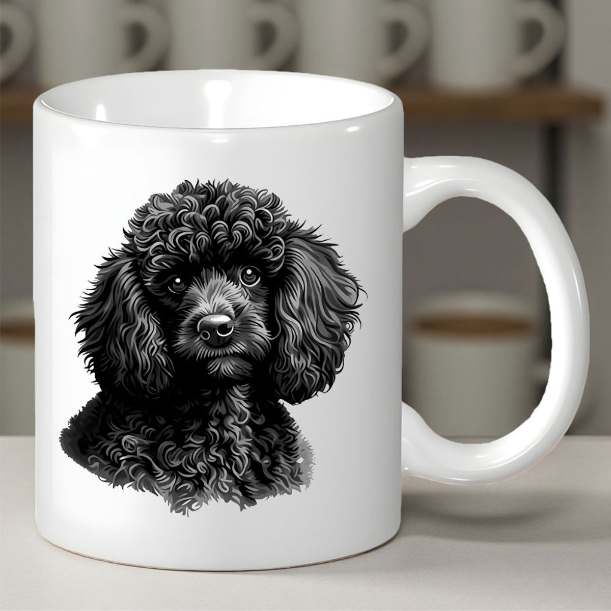 Tailorly White Ceramic 11 oz Mug - Detailed Artistic Sketch Of A Curly Black Coated Purebred Dog Poodle