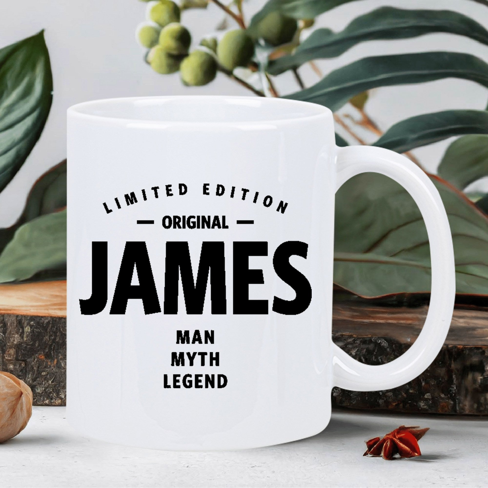 Tailorly White Ceramic 11 oz Mug - Limited Edition Original James Man Myth Legend Classic White Ceramic Material Featuring Bold Black Typography And Minimalist