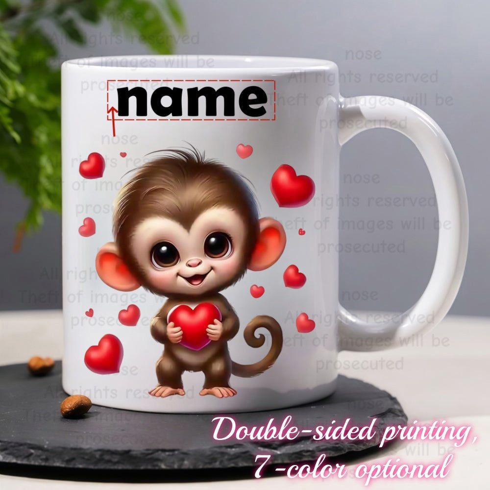 Tailorly White Ceramic 11 oz Mug - Name Adorable Little Brown Baby Holding Heart Surrounded By Floating Red Hearts Monkey