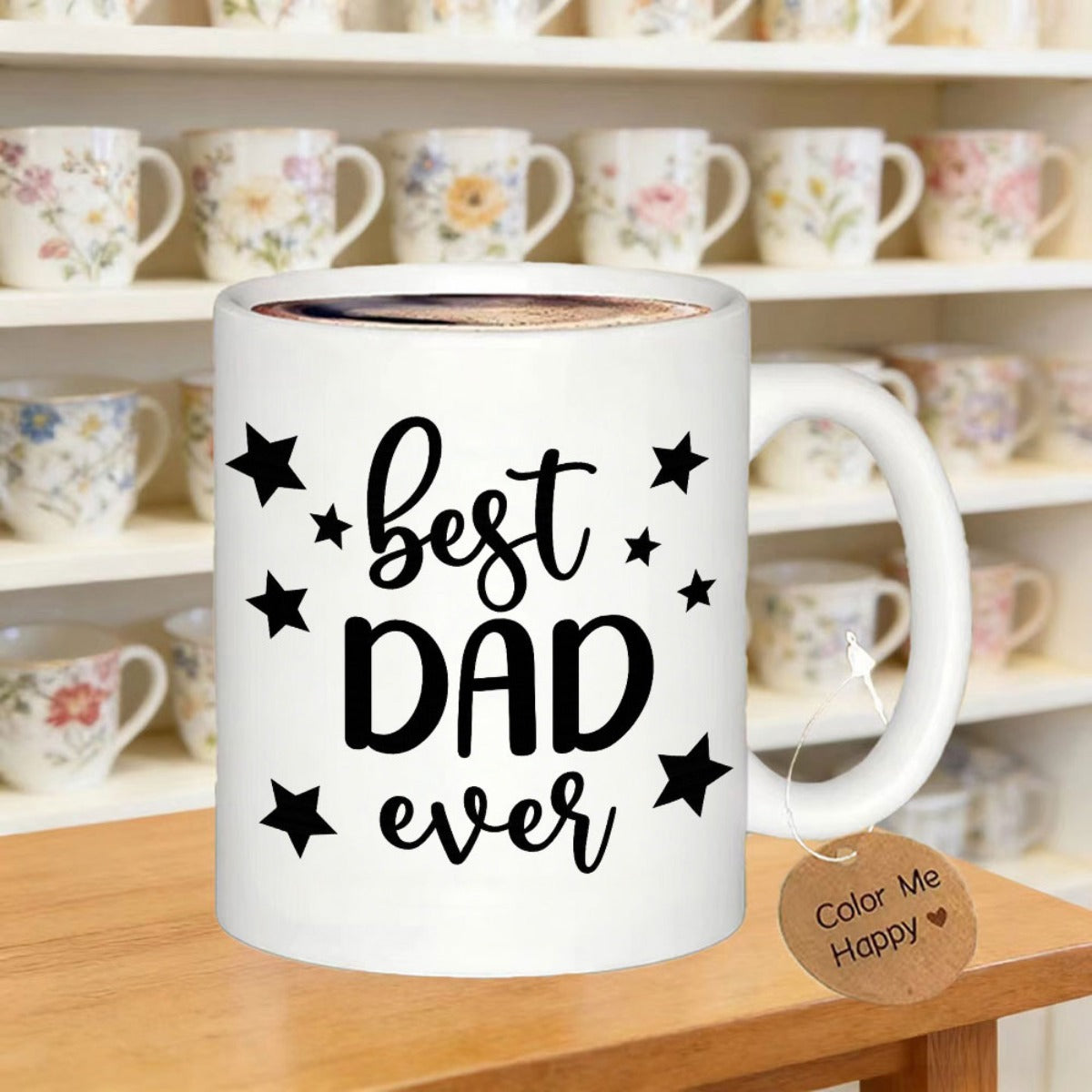 Tailorly White Ceramic 11 oz Mug - Best Dad Ever Simple Ceramic Vessel With Decorative Solid Stars And Script Lettering Mug