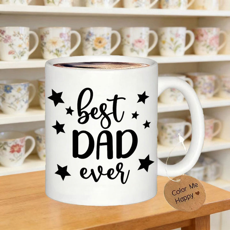 Tailorly White Ceramic 11 oz Mug - Best Dad Ever Simple Ceramic Vessel With Decorative Solid Stars And Script Lettering Mug