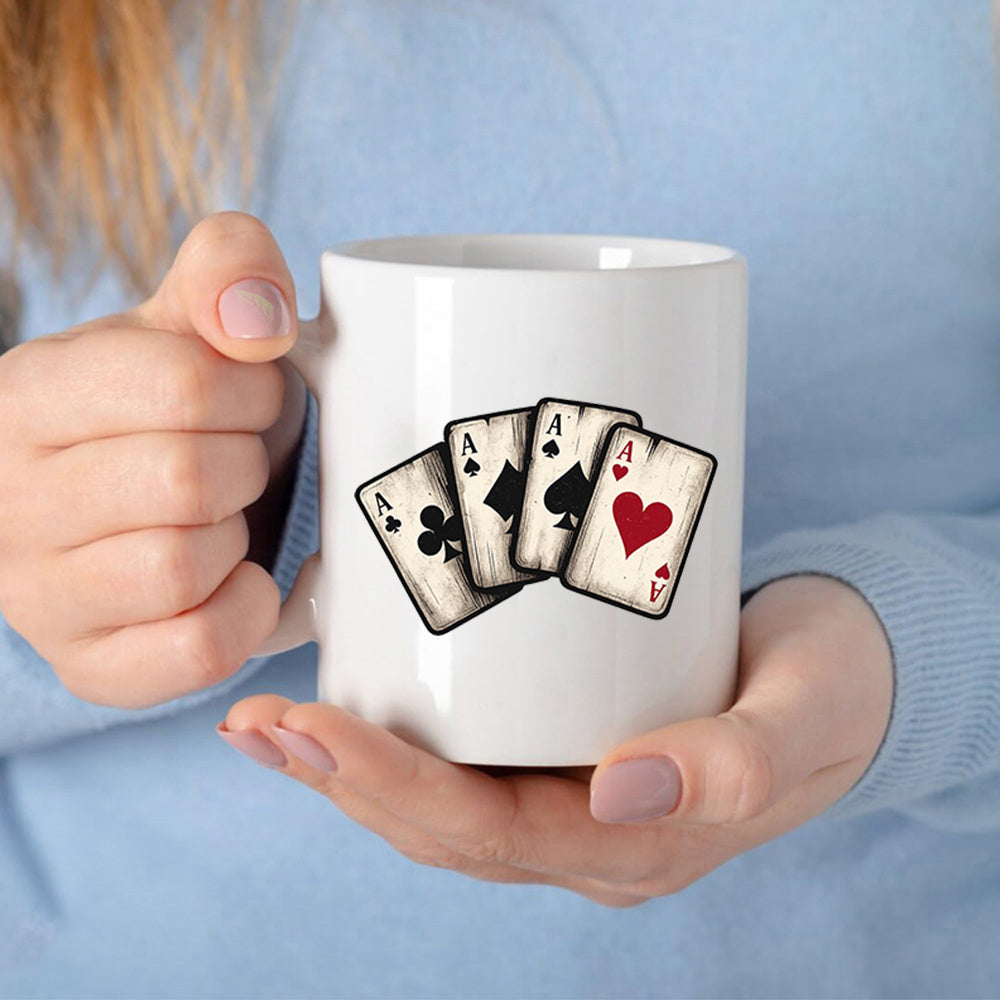 Tailorly White Ceramic 11 oz Mug - Vintage Wooden Style Four Aces Spreading Out In A Fan Shape Cards