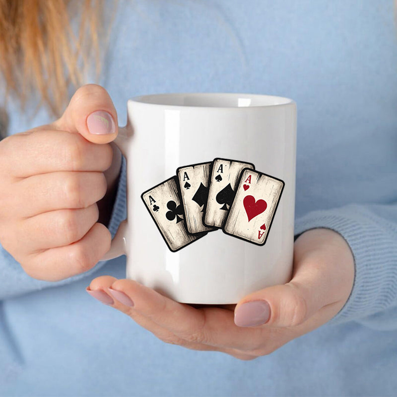 Tailorly White Ceramic 11 oz Mug - Vintage Wooden Style Four Aces Spreading Out In A Fan Shape Cards