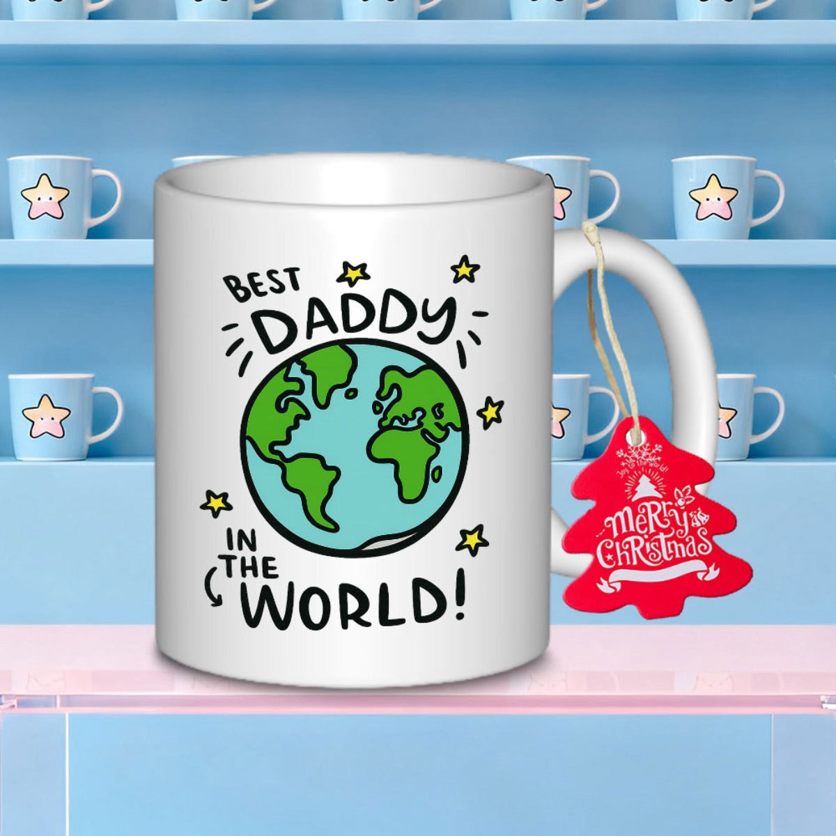 Tailorly White Ceramic 11 oz Mug - Best Daddy In The World Cartoon Illustration Of Planet Earth With Tiny Shining Yellow Stars Globe