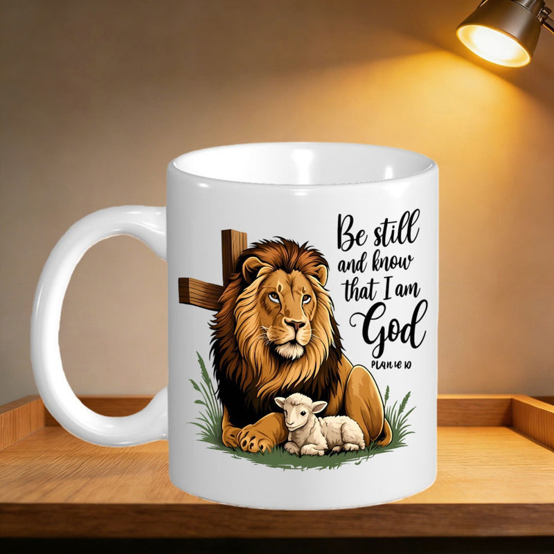 Tailorly White Ceramic 11 oz Mug - Be Still And Know That I Am God Majestic Guardian Lion Resting With A Gentle Little Lamb And Cross Lion