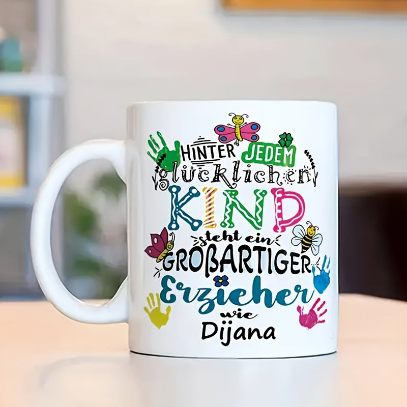 Tailorly White Ceramic 11 oz Mug - Colorful Butterflies And Vibrant Handprints Decorating A Pure