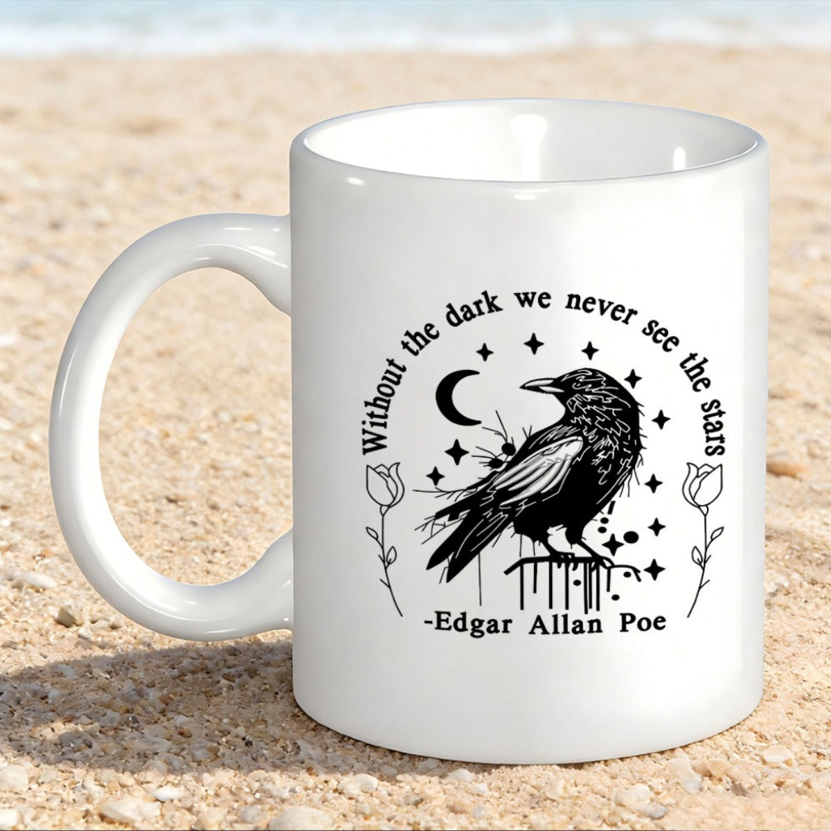 Tailorly White Ceramic 11 oz Mug - Without The Dark We Never See The Stars Edgar Allan Poe Mystical Black Crow Perched On Branch Under Moon And Sparkling Stars