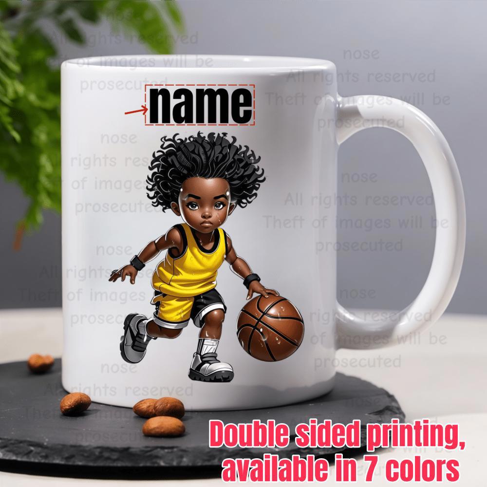 Tailorly White Ceramic 11 oz Mug - Name Cute Young Boy With Curly Hair Dribbling A Basketball Wearing Yellow Jersey Boy