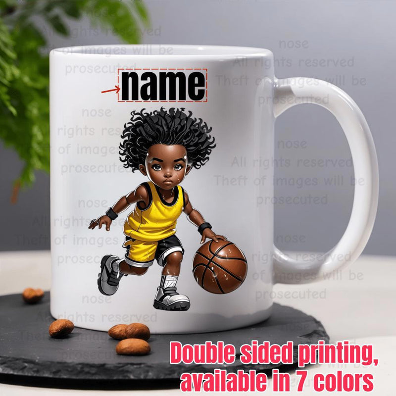 Tailorly White Ceramic 11 oz Mug - Name Cute Young Boy With Curly Hair Dribbling A Basketball Wearing Yellow Jersey Boy
