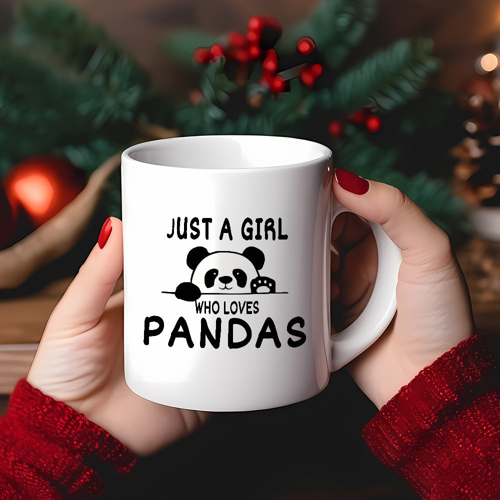Tailorly White Ceramic 11 oz Mug - Just A Girl Who Loves Pandas Cute Minimalist Cartoon Illustration Peeking Over A Horizontal Line With Paw Panda