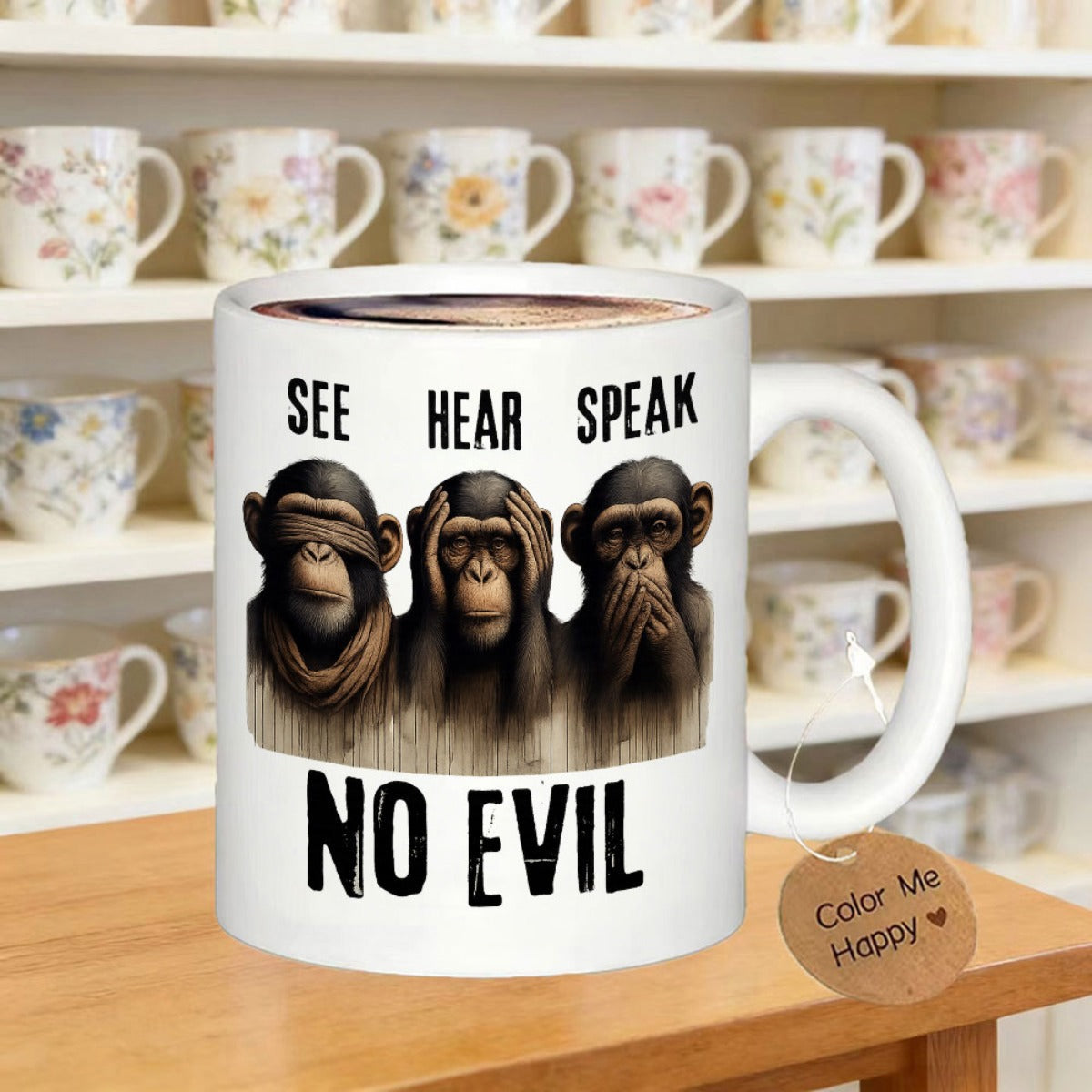 Tailorly White Ceramic 11 oz Mug - See Hear Speak No Evil Three Realistic Primates Representing The Classic Ancient Proverb Of Morality Chimpanzee