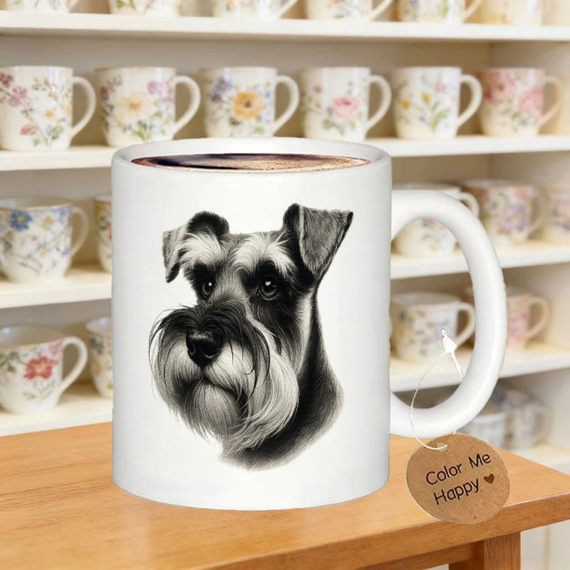 Tailorly White Ceramic 11 oz Mug - Color Me Happy Realistic Black And White Hand Drawn Portrait Schnauzer