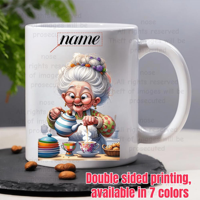 Tailorly White Ceramic 11 oz Mug - Name Cheerful Elderly Woman Pouring Hot Tea From A Blue Patterned Teapot Grandmother