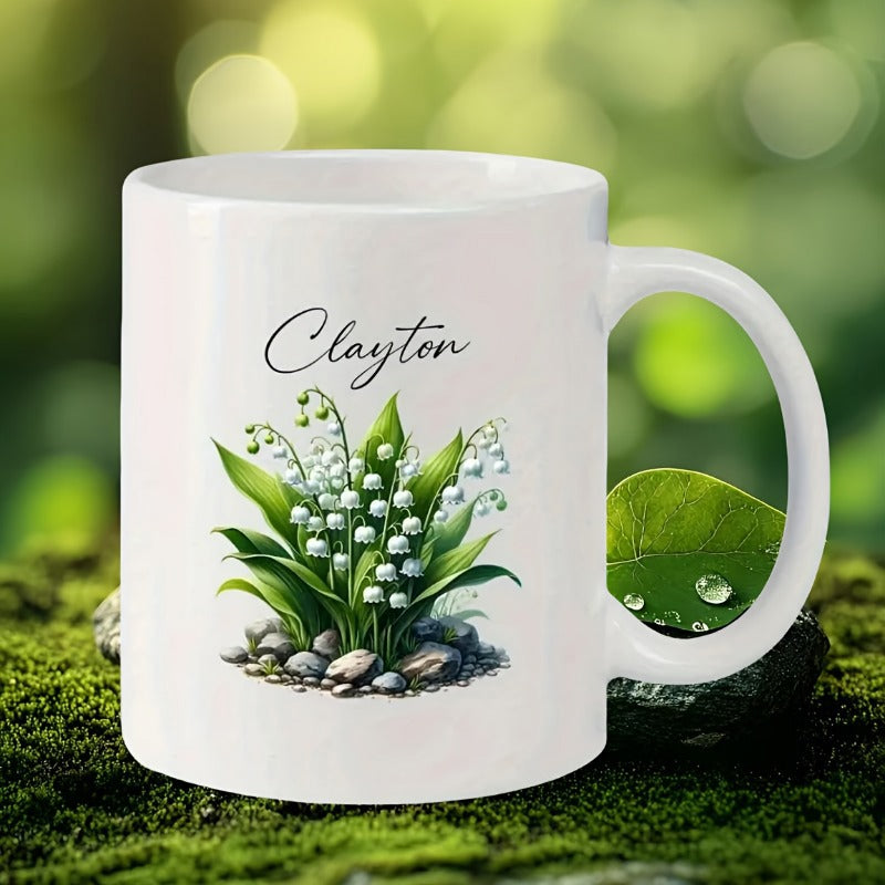 Tailorly White Ceramic 11 oz Mug - Clayton Delicate White Bell Shaped Flowers Growing Among Lush Green Leaves Lily Of The Valley